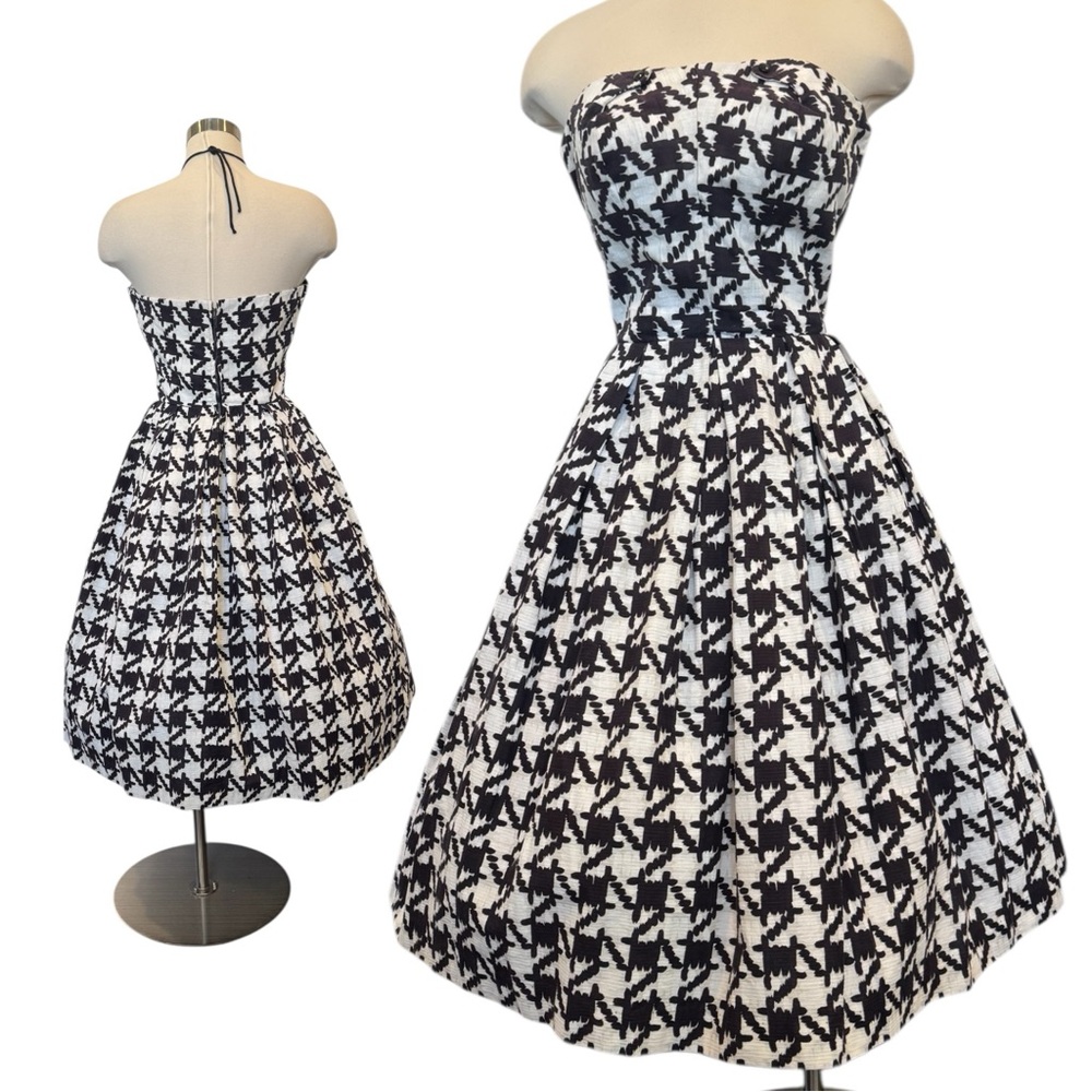 Vintage 50s 60s Houndstooth Check Strapless New Look Fit Flare Party Dress Town - Picture 11 of 12